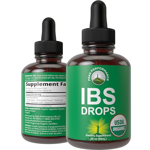 USDA Organic IBS Relief 5-In-1 Liquid Drops. For Ingestion, Bloating, Gas. Irritable Bowel Supplement With 5 Organic Ingredients. Peppermint Oil, Fennel Seed, Chamomile Flower, Rosemary, Holy Basil
