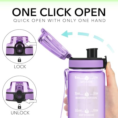 Image of 32oz Transparent Water Bottle with Time Marker, Clear Purple Motivational Drinking Bottle with Strap, BPA-Free Leak-Proof, Encouraging Water Bottle to Drink Water for Gym School Office Travel