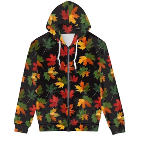 GLUDEAR Mens Maple Leaf Print Hoodie Long Sleeve Full Zip Pullover Tops Streetwear Sweatshirt Hoodies XS-5XL