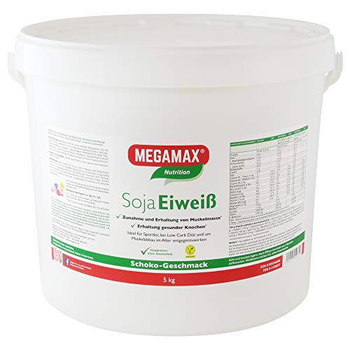 MEGAMAX Soja Eiweiß Schoko 5 kg + Taurin + L-Methionin Glutenfrei - Sojaeiweiß-Isolat Low Carb - pflanzliches Eiweiss, Laktosefrei, Aspartamfrei - Veganes Protein für Muskelaufbau u. Muskelerhalt