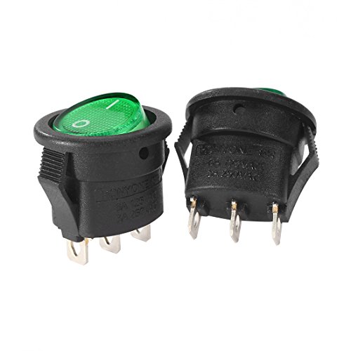 Aexit 5Pcs 3-Pin Switches SPST 2 Position Green Lamp Round Rocker Toggle Switch LED Light On/Off for Boat Marine UL Listed AC Toggle 250V/3A 125V/6A