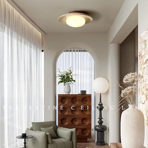 WOSBO Yellow Travertine Ceiling Light, 9.8" Wabi Sabi Light Fixture with Round Stone Base & Milk Glass Lampshade, Mid Century Flush Mount Ceiling Light for Bedroom Living Room Kitchen Island Hallway by WOSBO - Used condition - Image 4
