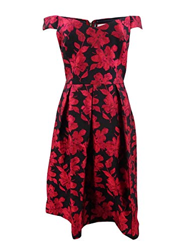 Calvin Klein Women's Off-The-Shoulder Brocade Fit & Flare Dress (16, Black/Red)