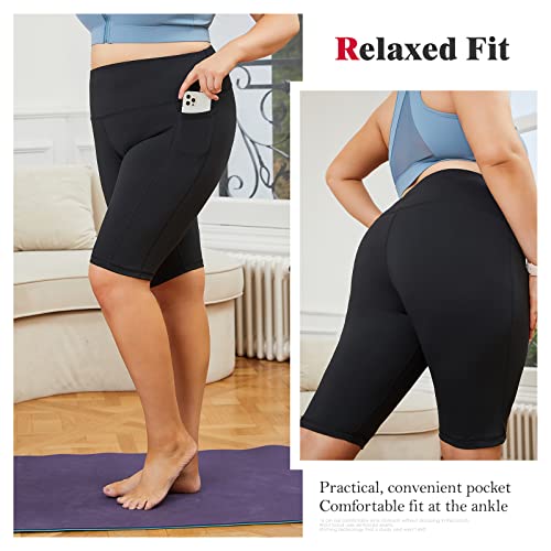 Womens Plus Size 10“ Yoga Shorts High Waist Workout Running Shorts Tummy Control Lift The Hip Xl-4Xl Black Capri Leggings #TOP3