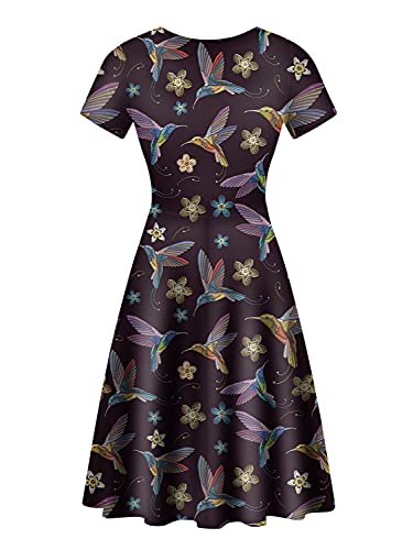 POLERO Hummingbird Floral Dress for Women Ladies Casual Midi Dresses A Line Short Sleeves Dresses Crewneck