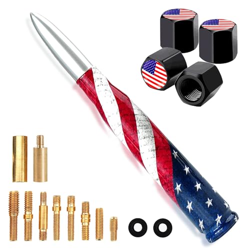 Car Truck Bullet Antenna with Valve Stem Caps for F150 F250 F350 Super Duty Raptor Dodge Ram Silverado 1500 2500 3500,Pickup Jeep Accessories（Silver ）- American Flag Design-Car wash Safe