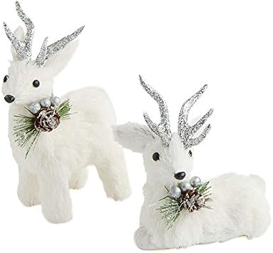 Pair of 2 White Sisal Christmas Deer - Silver Glitter Accented Reindeer Holiday Decorations Magical Woodland-Inspired Figurine Set Standing Deer - Standing 5-1/2 Tall - Lying 4-1/2 high
