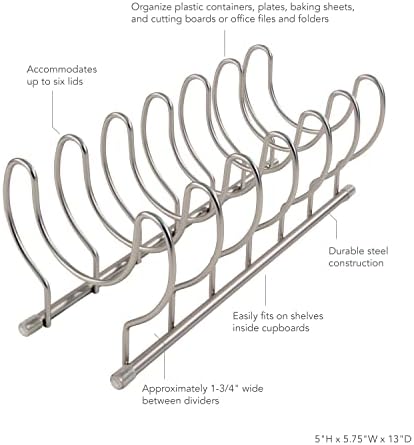 Spectrum Diversified Euro Kitchen Lid Organizer for Plates, Cutting Boards Bakeware, Cooling Racks, Pots & Pans, Serving Trays, and Reusable Containers, Satin Nickel