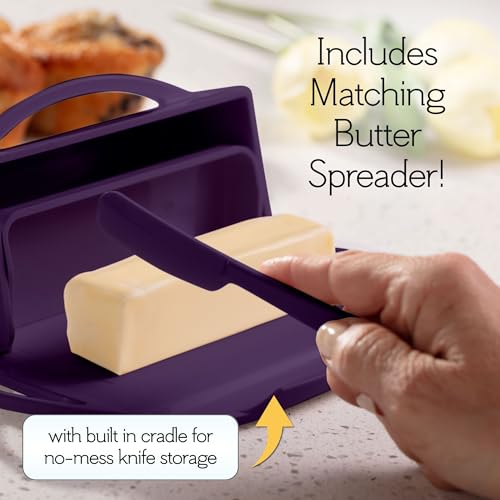 Image of Butterie Flip Top Butter Dish, Purple | Attached Lid & Matching Knife, Holds 2 Sticks, Fits Kerrygold /European Butter, BPA Free & Dishwasher Safe