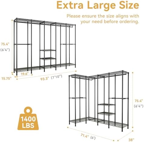 H5 Extra Large Wire Garment Rack, Heavy Duty Clothes Rack, Large Wardrobe Closet, Freestanding Closet Rack for Hanging Clothes, Clothing Racks with Adjustable Shelf, 93.3"Lx15.7"Wx75.4"H,Black