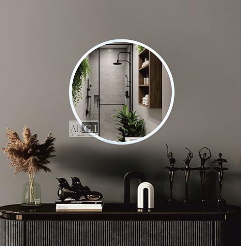 Image of Ali.G.I - Vanity Wall Mirror with White Frame in 18 inch / / Elegant Round 18 Inch Mirror for Bathroom, Bedroom, Living Room, Entryways, Office, Retaurant (White, 18 Inch)