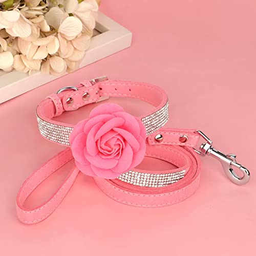 Beirui Bling Rhinestone Dog Collar And Leash Set - Soft Suede Leather Sparkling Dog Collars With Flower - Cute Girl Dog Collars With 4Ft Leash For Small Dogs,Pink,Neck 10-12" #TOP4