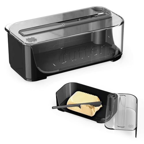 Plastic Butter Dish with Transparent Lid, Dishwasher Safe Butter Box for Fridge Door, BPA Free & Airtight, Rectangular Butter Dish with Butter Knife for Household (Black)