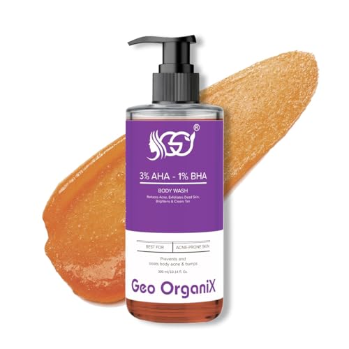 Image of AHA BHA Body Wash with 3% Lactic Acid, 1% Salicylic Acid & 1% Glycolic Acid | Exfoliating Body Cleanser for Dead Skin Removal, Acne & Body Bumps Care | Skin Brightening & Tan Removal | Paraben-Free, Non-Drying Formula | 300 ml, Pack of 2