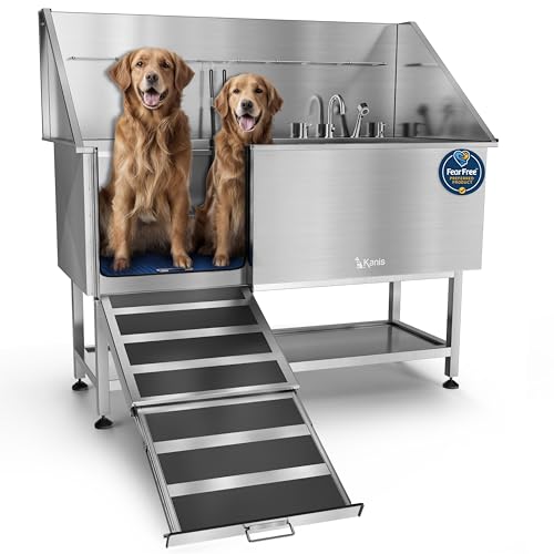 KANIS Professional Dog Washing Station - 304 Stainless Steel Pet Wash Sink & Grooming Bath Tub for Home with Ramp, Shower, Floor Grate, Storage Shelf, Faucet, Drain Kit for Large, Medium & Small Pets