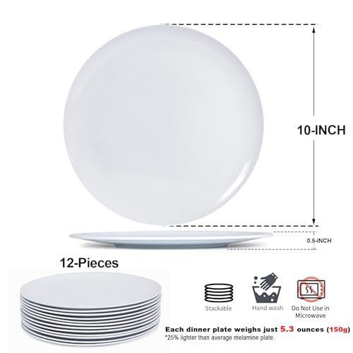 Gofunfun White Melamine Dinner Plates,12pcs Dishes Set,10inch Lightweight Round Plastic Plates,Scratch Resistant Unbreakable Serving Dishes,White by Gofunfun - Used condition - Image 2