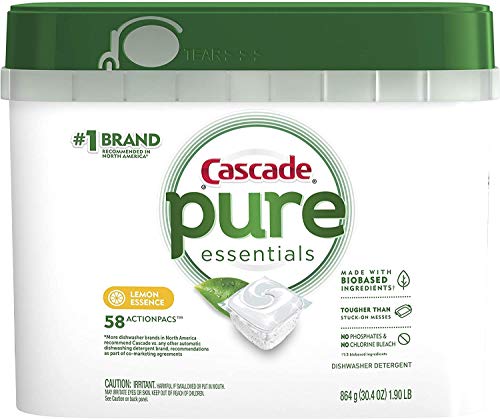 Cascade Pure Essentials Dishwasher Pods, ActionPacs Detergent, Lemon Essence, 58 Count