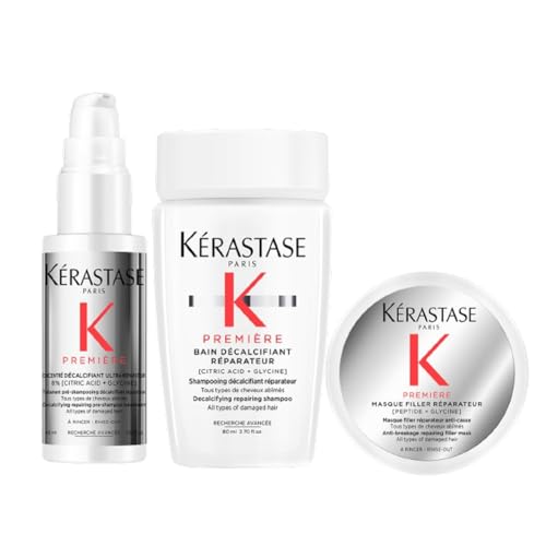 Kérastase, Première, Pflegeroutine mit Pre-Shampoo, Shampoo und Haarmaske für geschädigtes Haar, Concentré Décalcifiant Ultra-Réparateur, Bain Décalcifiant Rénovateur & Masque Filler Réparateur