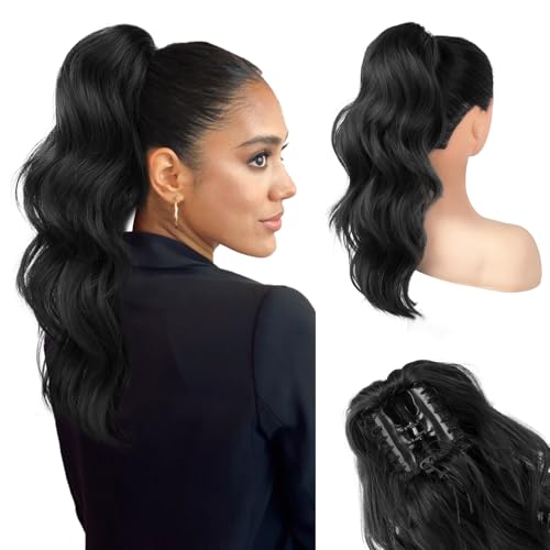 HOOJIH Clip in Ponytail Extension, Ponytail Extension 18 Inch Hair Ponytail Extension Wavy Ponytail Fluffy Soft Clip on Ponytail Synthetic Fiber Ponytail Hair Pieces for Women - Black