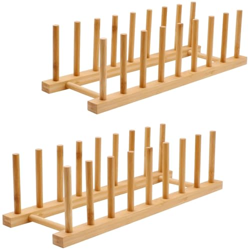 Zenthalis 2 Pack Bamboo Dish Drying Rack, Wooden Plate Holder & Pot Lid Organizer, Kitchen Cabinet Storage for Cutting Boards, Bowls, Cups, 8 Slots Dish Drainer Stand for Countertop