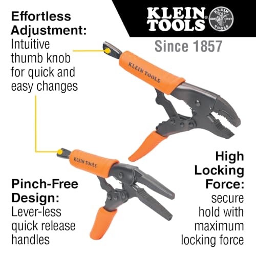 Image of Klein Tools 38663 Locking Pliers Set, 7-Inch Long Nose and 10-Inch Curved Jaw Pliers, High Torque and Gripping Power, 2-Piece