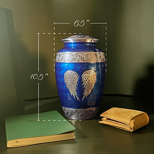 Image of Blue Cremation Urn for Adult Human Ashes Male and Female - Large Funeral Burial Urns with Angel Wings, Decorative Memorial Ash Holder