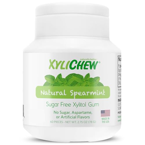 Xylichew Xylitol Gum - Chewing Gum Sugar Free, Aspartame Free, Gluten Free, Keto - Sugarless, Healthy, Natural Oral Care - Relieves Bad Breath and Dry Mouth - Spearmint, 60 Count