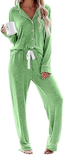 Aamikast Schlafanzug Damen Lang Pyjama Sets mit Knopfleiste Zweiteiliger Nachtwäsche Hausanzug