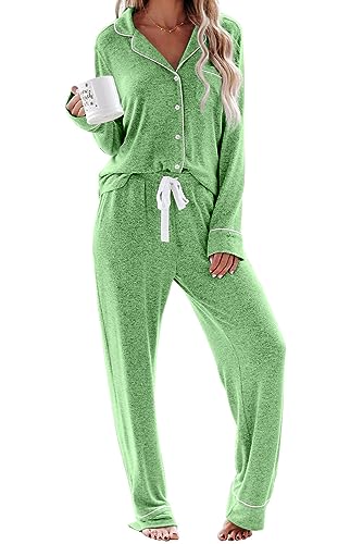Aamikast Women's Two-piece Classic knit Pajama Sets Long Sleeve Button Down Sleepwear (X-Small,Lake Green)