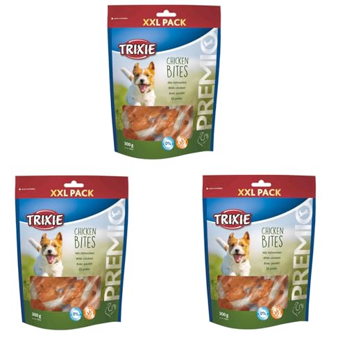 Trixie Premio Chicken Bites XXL Pack | 3er Pack | 3 x 300 g | Kausnack für Hunde | Hoher Fleisch- und Proteinanteil | Rinderhaut mit getrocknetem Hühnchenfleisch ummantelt