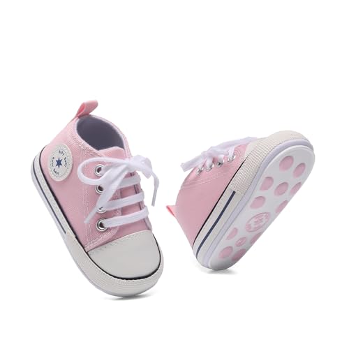 Image of Unisex Baby Boys Girls Shoes, Newborn Infant Non-Slip Canvas Denim High Top Sneakers, Toddler First Walkers Shoes