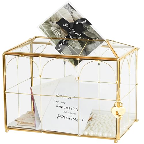 FWEEK Gold Brass & Glass Wedding Card Box with Heart-Shaped