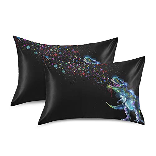 Satin Pillowcase For Hair And Skin, King Size Glowing Dinosaur Rex Rainbow Galaxy Decorative Pillow Sham With Envelope Closure Pillow Cover For Bedroom Hotel #TOP1