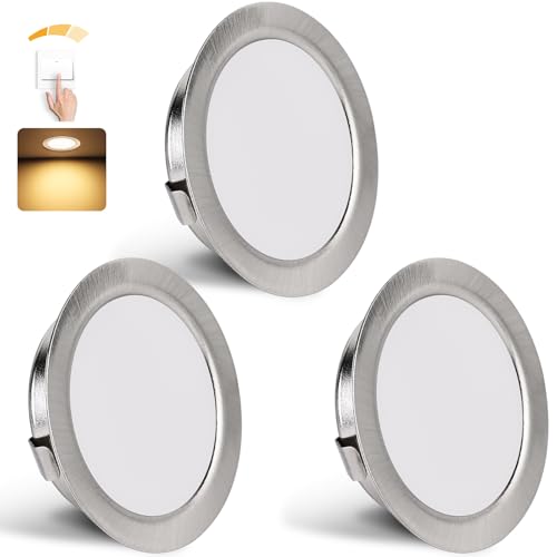 YindaLux Zestaw 3 wpuszczanych reflektorów LED 230 V, 3 W, 3 W, 3000 K, ciepła biel, ekstra płaskie reflektory sufitowe 300 lm, otwór 55-58 mm, IP44, reflektor łazienkowy, szczotkowany nikiel