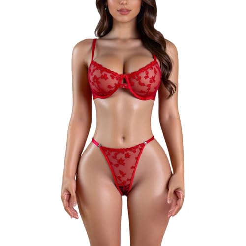 ssgrlvok Women 2 Piece Lingerie Set Sexy Underwire Floral Lace See Through Bra and Garter Teddy Red M - image 1