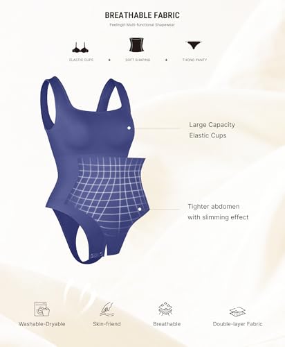 Image of FeelinGirl Bodysuits for Women Seamless Square Neck Tummy Control Compression Thong Shapewear Bodysuit Tank Tops Bodysuit