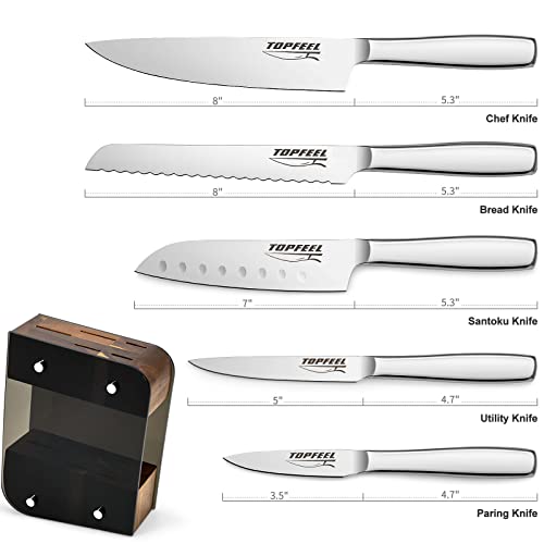 Topfeel Knife Set For Kitchen With Block, Sharp Knife Set 6 Piece, High Carbon Mirror Polishing Stainless Steel Chef Knife Set For Thanksgiving & Christmas Gifts #TOP1