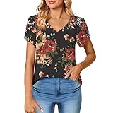 Générique Chemise en Lin Femme - Femmes pétale Manches Hauts col en V à Manches Courtes Chemises Mignon été décontracté t-Shirts Hauts Amples Tunique Solde