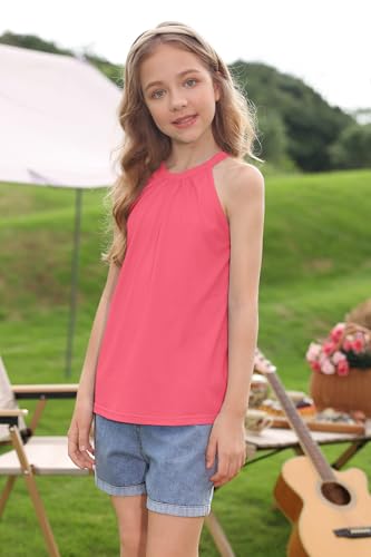 Image of BesserBay Girls Summer Back Button Halter Neck Tank Top Cold Shoulder Casual Blouse Pleated Sleeveless Shirts 5-14 Years