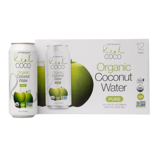 Real Coco Organic Pure Coconut Water 480mL, 100% USDA Organic Coconut Water, Packed with Electrolytes, Dairy/Soy Free, Vegan, Plant Based (12-pack, 480mL)