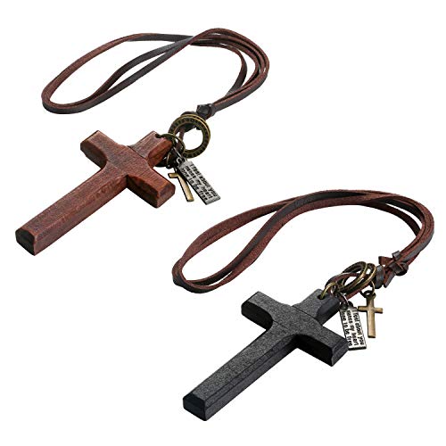 Flongo 2 Collares de Cuero para Hombre Mujer, Colgante de Cruz Madera,...