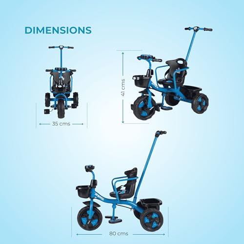 Image of ViniToys Sparx PH Baby Tricycle for Kids 1 to 5 Years with Removable Parental Control Handle, Safety Guard, Seat Belt, Footrest, Music, Storage Baskets and Wide Grip Wheels (Blue, Sparx PH)