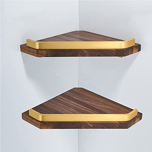Estante esquinero triangular flotante Nizer de madera de nogal y aluminio dorado cepillado 2