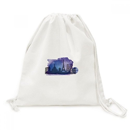 Sac toile Tour Eiffel aquarelle bleue avec fermeture cordon ultra souple