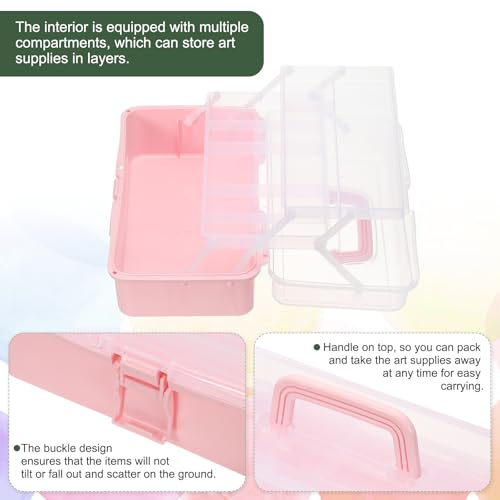Image of YOKIVE Art Supply Storage Organizer, Art Tool Storage Box 3-Tray Craft Box Art Supplies Organizer with Handle Buckle for Brushes Paints Stamps, Light Pink