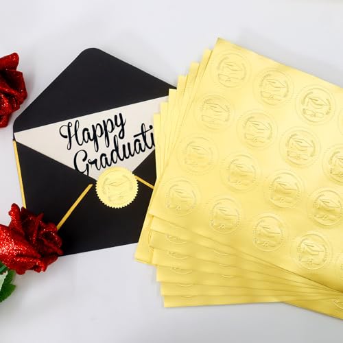 Matio 400PCS Graduation Stickers, Embossed Gold Foil Stickers, 1.5 in Certificate Class of 2025 Envelope Seal with Self Adhesive Grad Hat Cap Seal Label for Diplomas Awards Invitation Party Favors