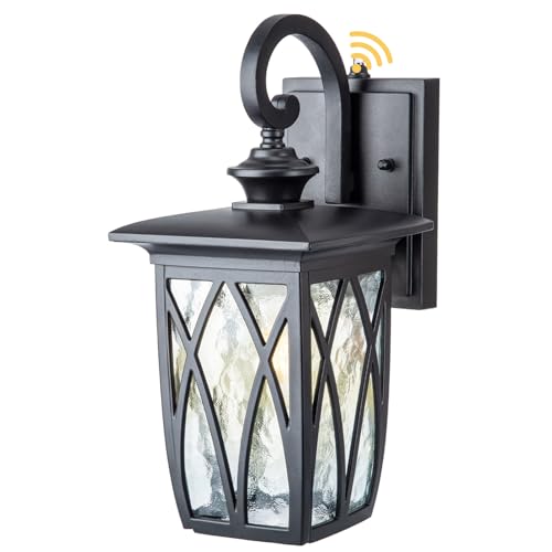 JYZ Dusk to Dawn Outdoor Wall Lantern, Craftsman Style Exterior Sconce Light with Water Ripple Glass, Traditional Porch Light Fixture Wall Mount Lamp for Front Porch Doorway Garage Patio Garden 14''