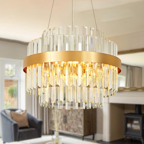 Moderna araña de cristal, LED de 3 colores cambian de oro Lámpara colgante, Ronda de cristal lámpara colgante para el dormitorio, pasillo, balcón, isla de cocina, D40cm
