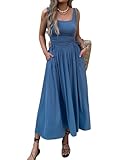 Mieazom Women’s Boho Summer Maxi Dress with Pockets, Adjustable Waist, Sleeveless Casual Ruched Sundress for Beach Vacation Blue M