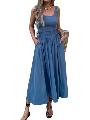 Women’s Boho Summer Maxi Dress with Pockets, Adjustable Waist, Sleeveless Casual Ruched Sundress for Beach Vacation